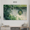 A painting featuring lush green foliage and white blossoms over a water surface with a circular window.