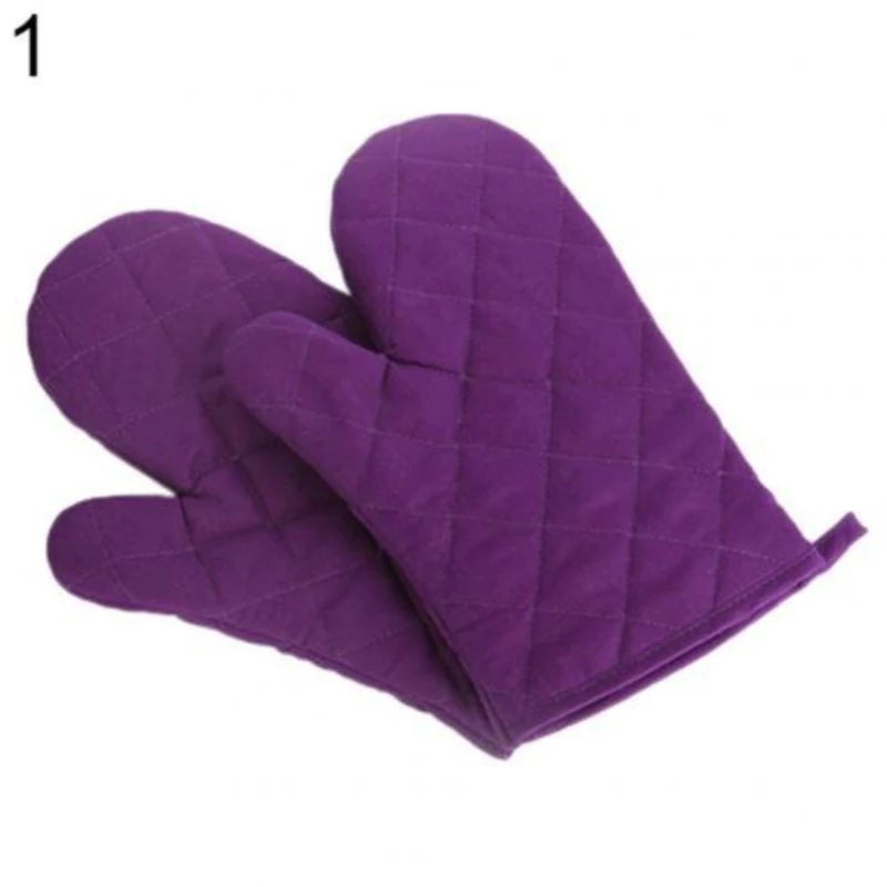 A purple quilted heat resistant oven mitt is shown flat.