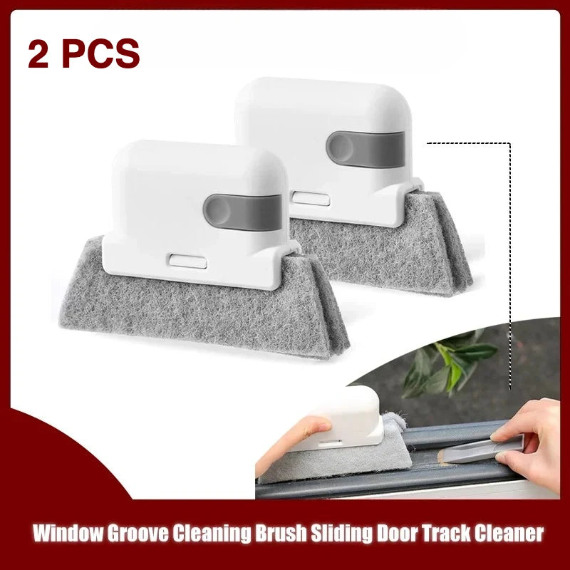 Two white window groove cleaning brushes designed for sliding door track cleaners