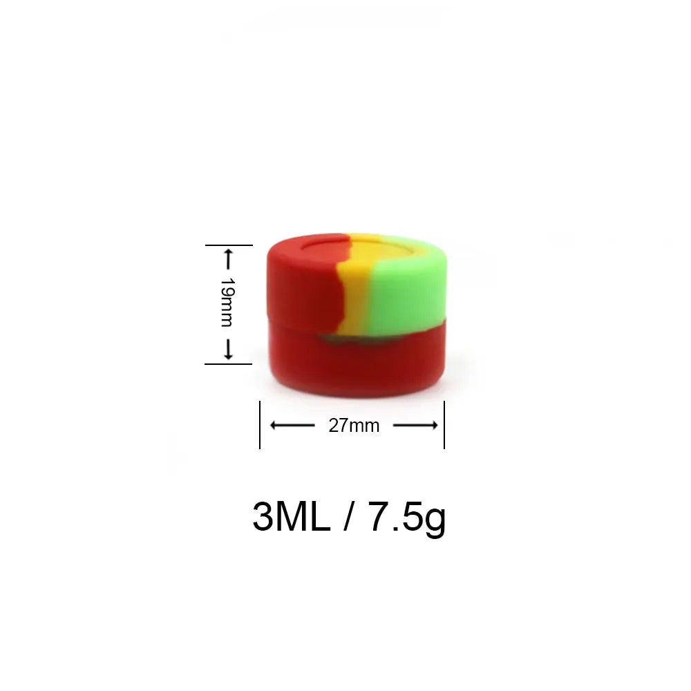 A small red silicone storage jar with a yellow and green top, measuring 27mm in diameter and 19mm high.