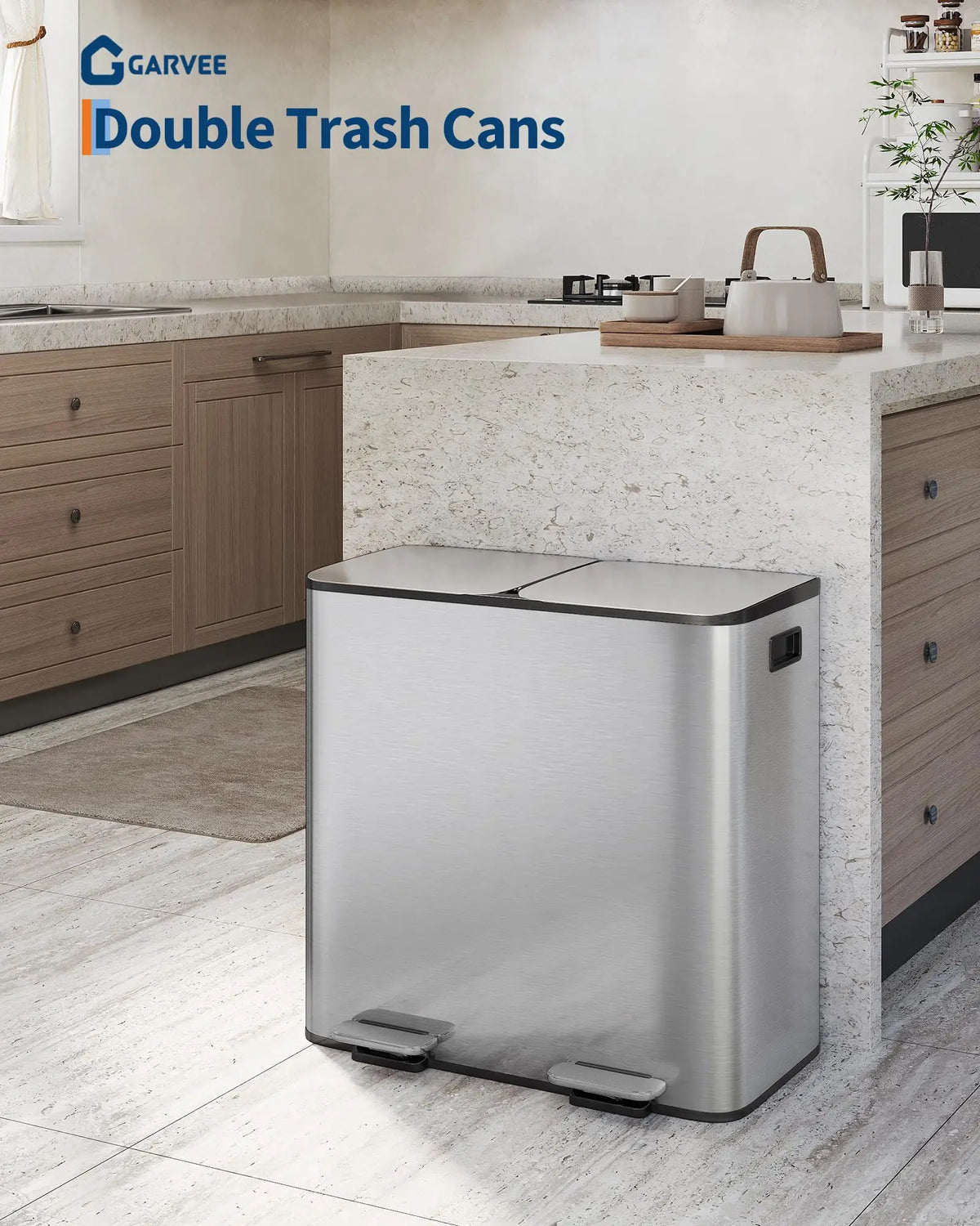 A stainless steel double trash can with a recycling bin sitting on a kitchen countertop.