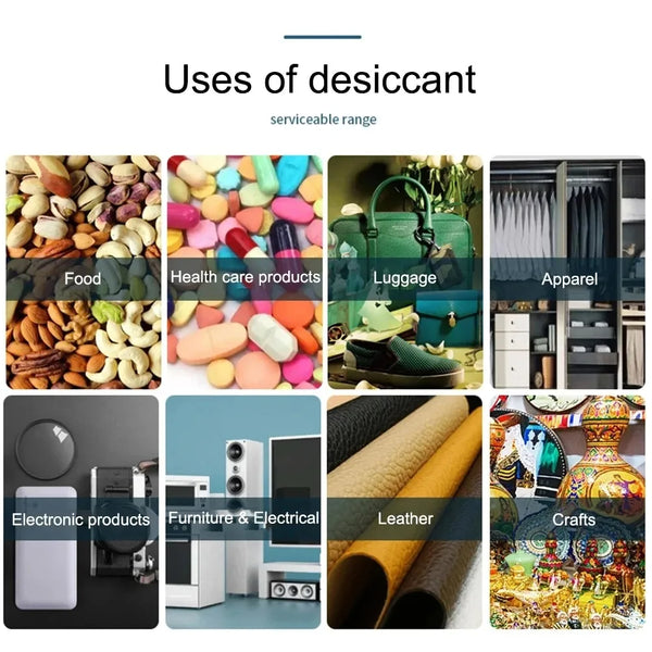 A collection of various desiccant products including food, health care, luggage, apparel, electronics, furniture, leather, an