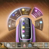 A handheld garment steamer iron with various fabric options and temperature settings displayed around it.
