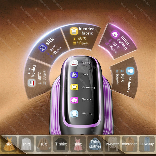 A handheld garment steamer iron with various fabric options and temperature settings displayed around it.