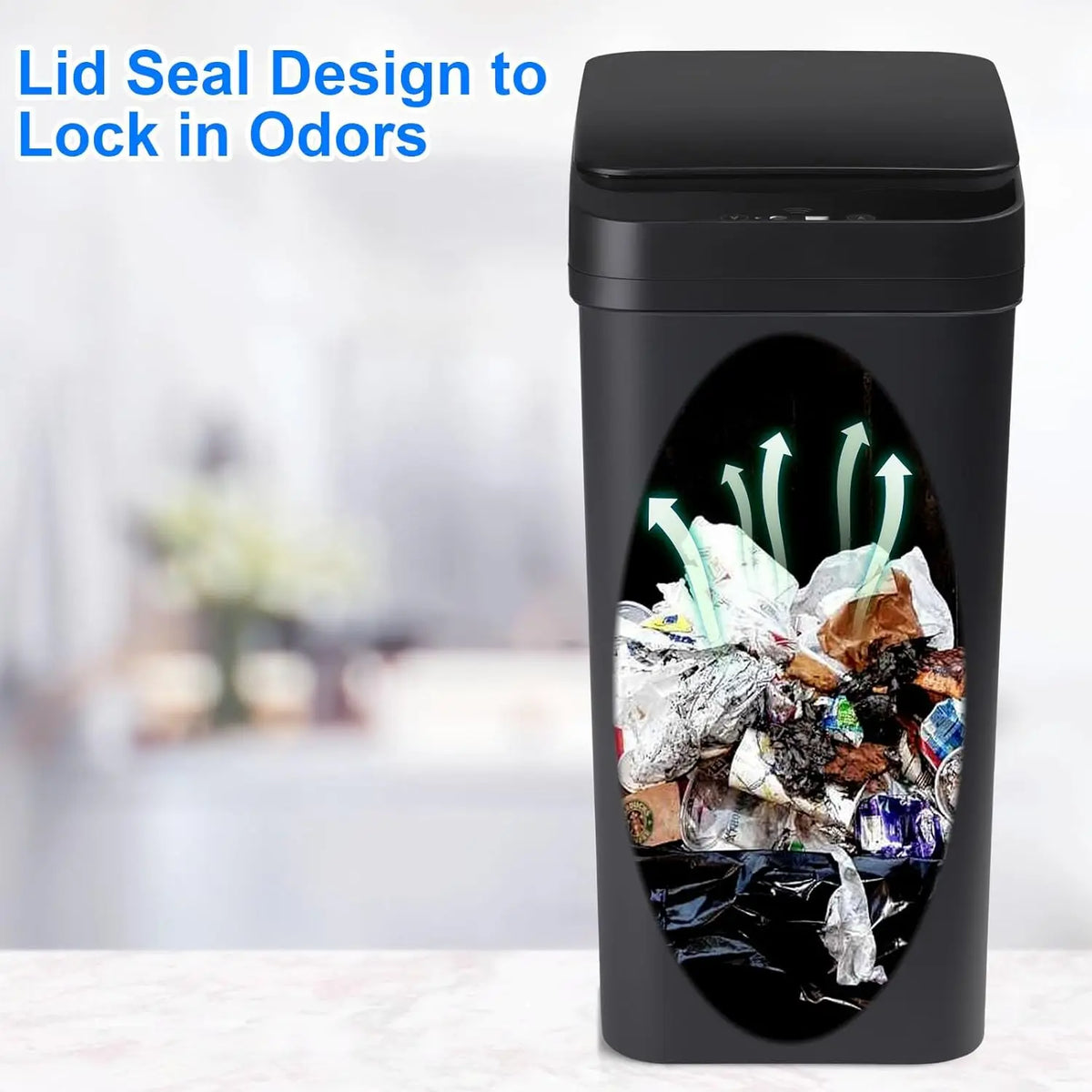 A black automatic motion sensor trash can with a lid seal design to lock in odors.