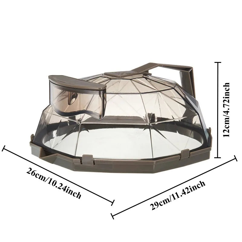 Clear microwave splatter cover with water steamer shown from above and side view.