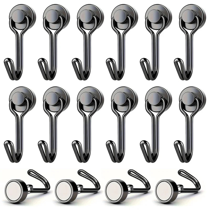 A set of heavy duty magnetic hooks in black finish, shown from various angles.