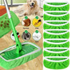 A set of reusable green microfiber mop pads and a green mop with a white handle shown next to pet hair, filth, and dust sampl