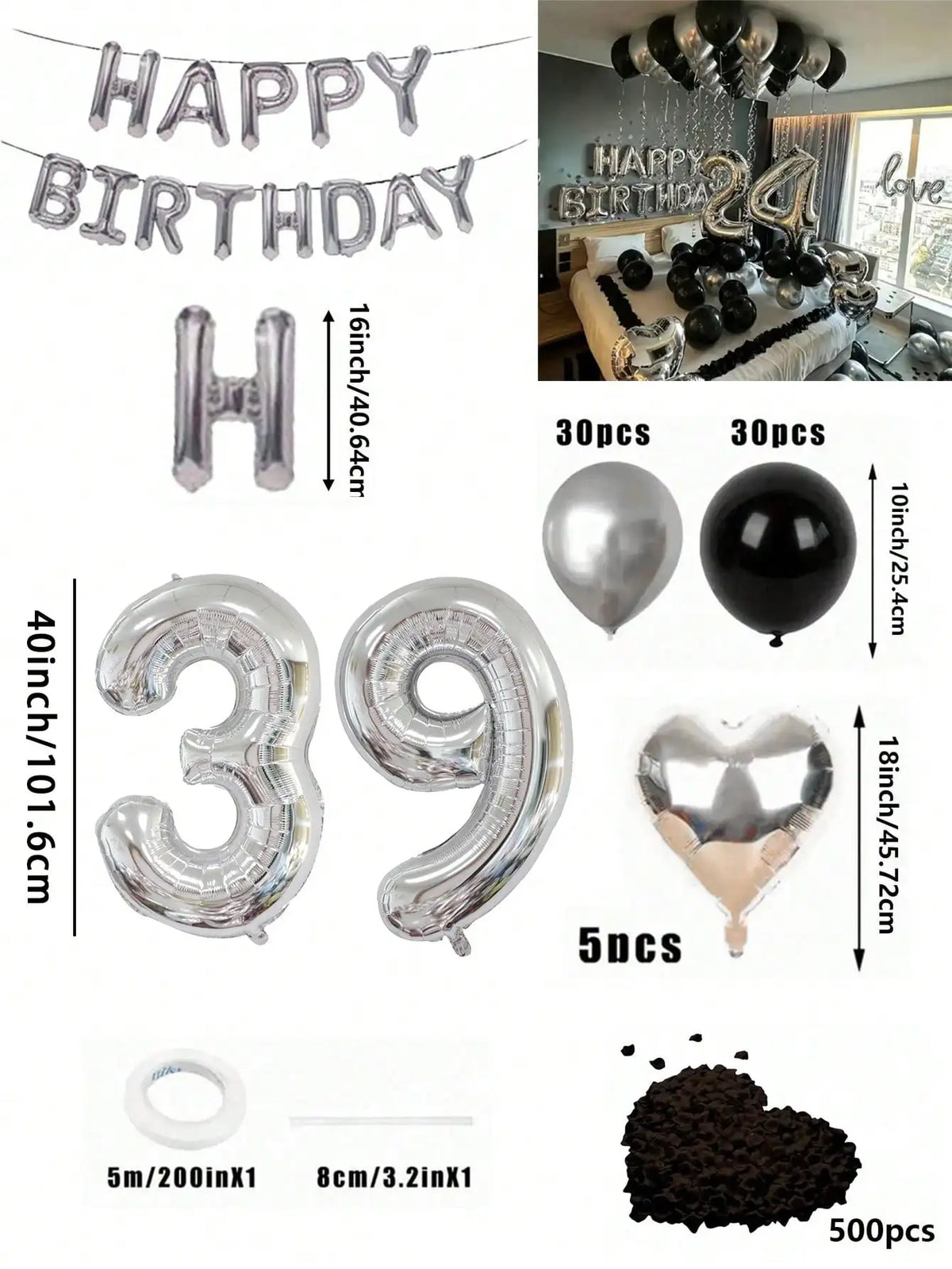 Un juego de globos numéricos de papel de aluminio plateado y un corazón de chocolate oscuro para decoración de cumpleaños