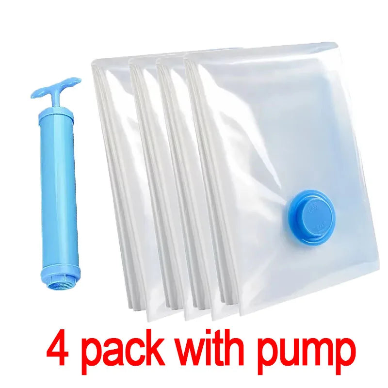 A pack of four vacuum storage bags with a hand pump for compressing items.