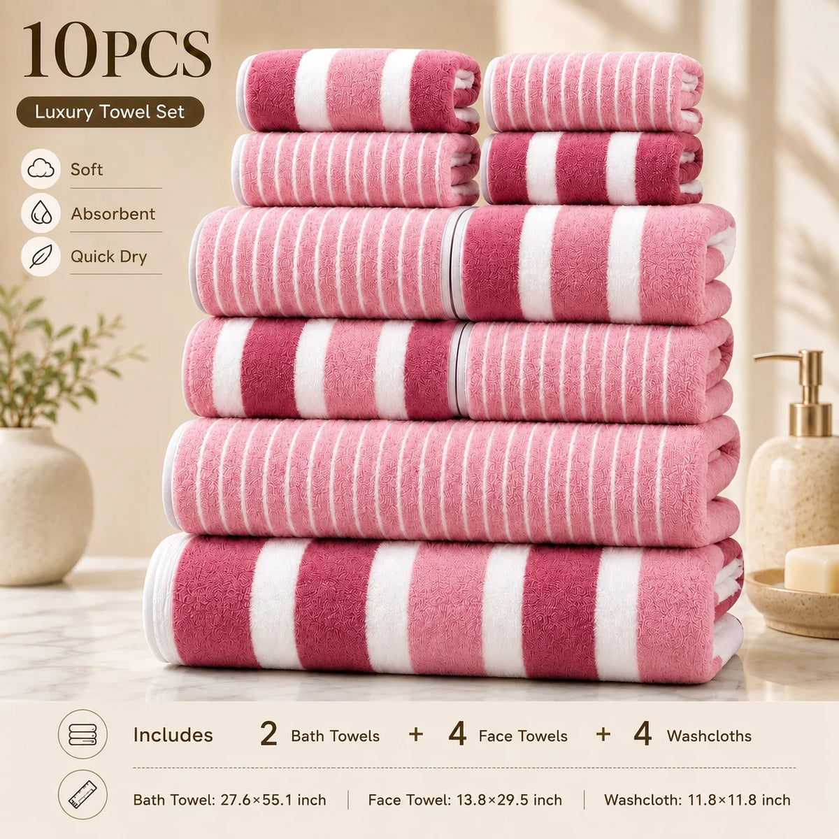 Pila de 10 toallas de lujo a rayas rosas y blancas, incluyendo toallas de baño, de cara y paños de lavado.