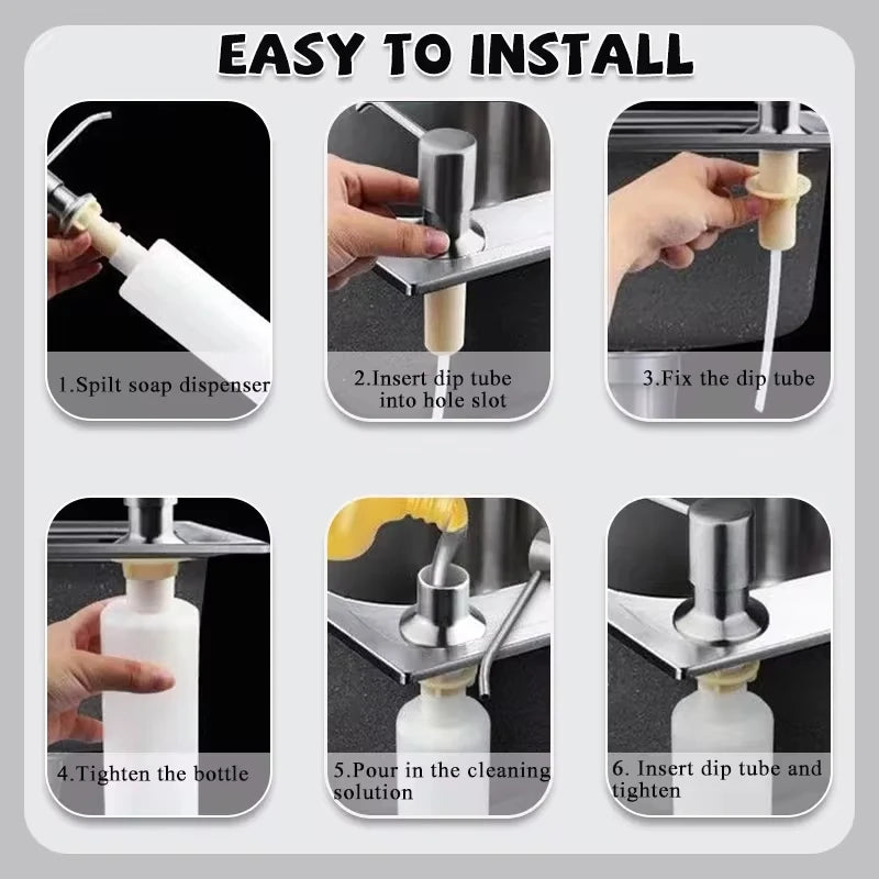Instructions for installing a stainless steel liquid soap dispenser pump, showing steps like inserting tubes and tightening t
