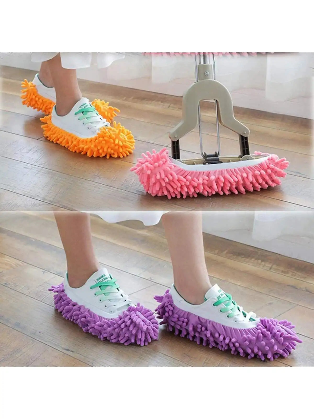 Fünf Paar weiße Sneaker mit leuchtend orange, pink und lila Mikrofaserstaubschuhen auf einem Holzfußboden.