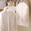 A white washable clothes hanging dust cover is shown being placed on a hanger.