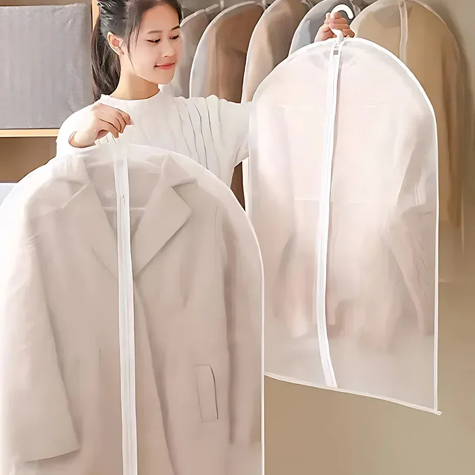 A white washable clothes hanging dust cover is shown being placed on a hanger.