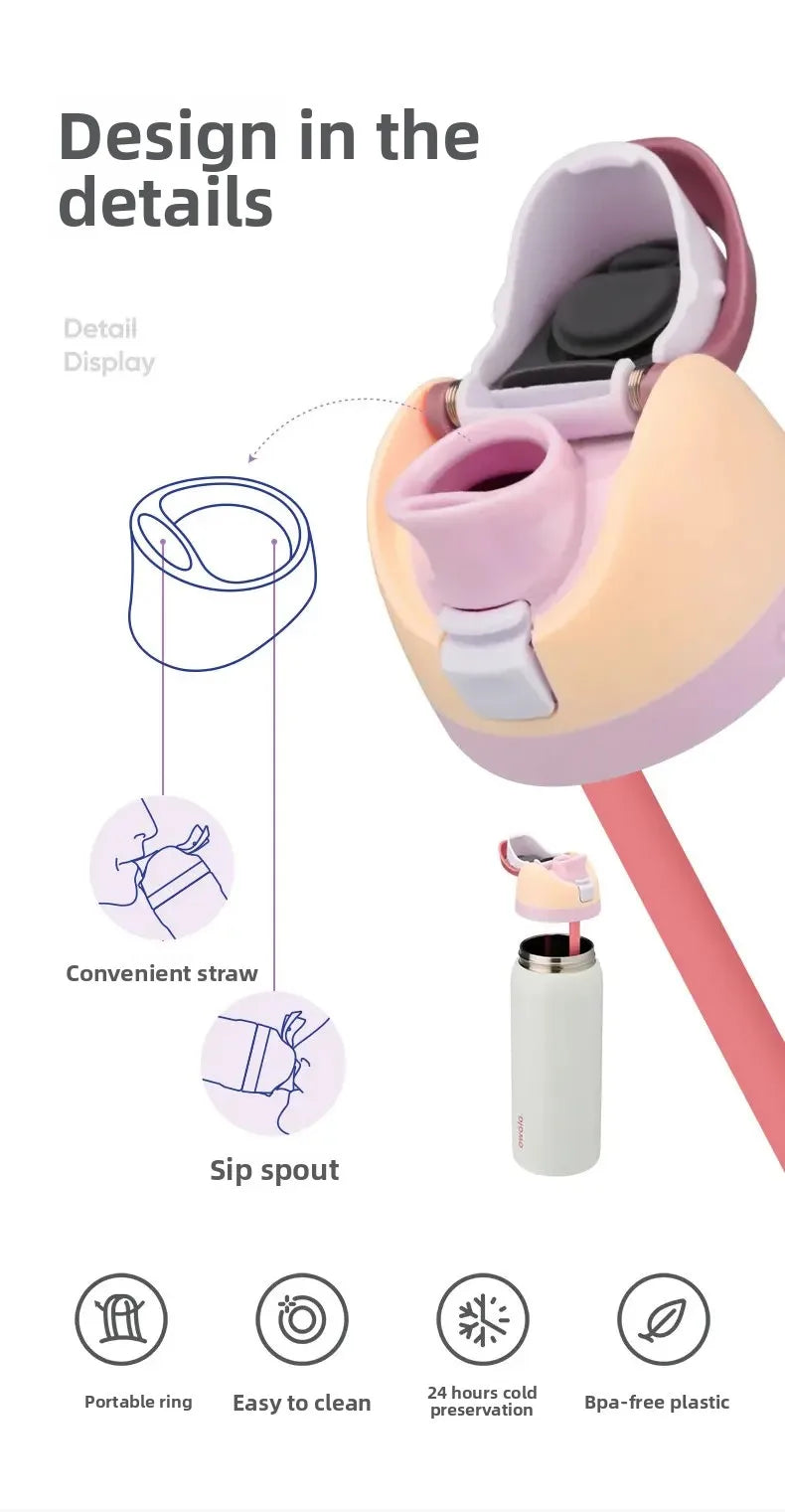 A pink insulated water bottle with a straw and various features like a portable ring and sip spout.