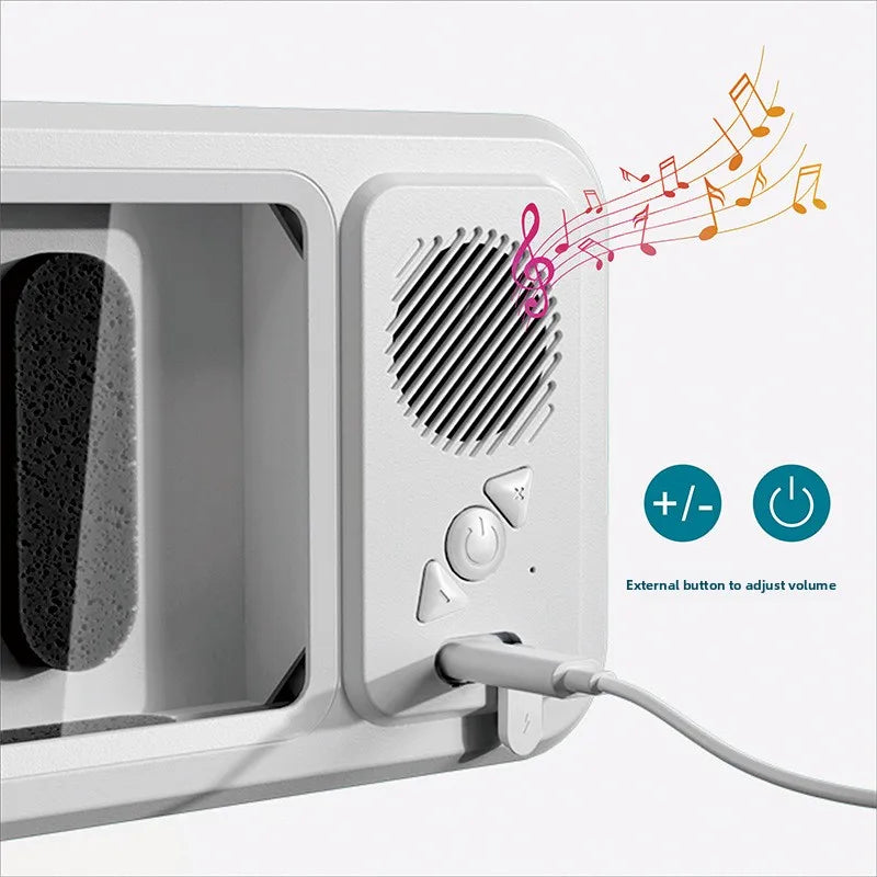Weißer Duschtelefonhalter mit Gitter und externer Lautstärkeregler, wobei Musiknoten aus dem D hervorgehen
