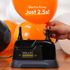 A hand uses an electric pump to inflate a black balloon, demonstrating quick inflation compared to manual pumping.