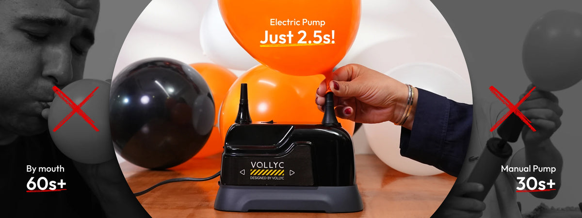 A hand uses an electric pump to inflate a black balloon, demonstrating quick inflation compared to manual pumping.