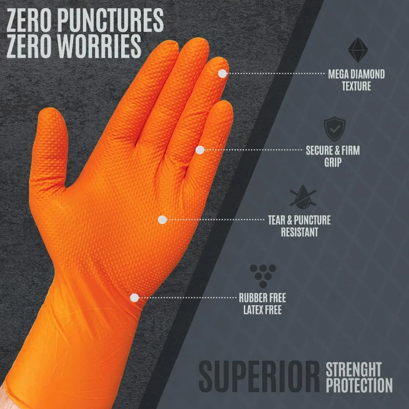 Guantes de trabajo de nitrilo naranjas de alta resistencia, destacados por su resistencia a desgarros y agarre seguro.