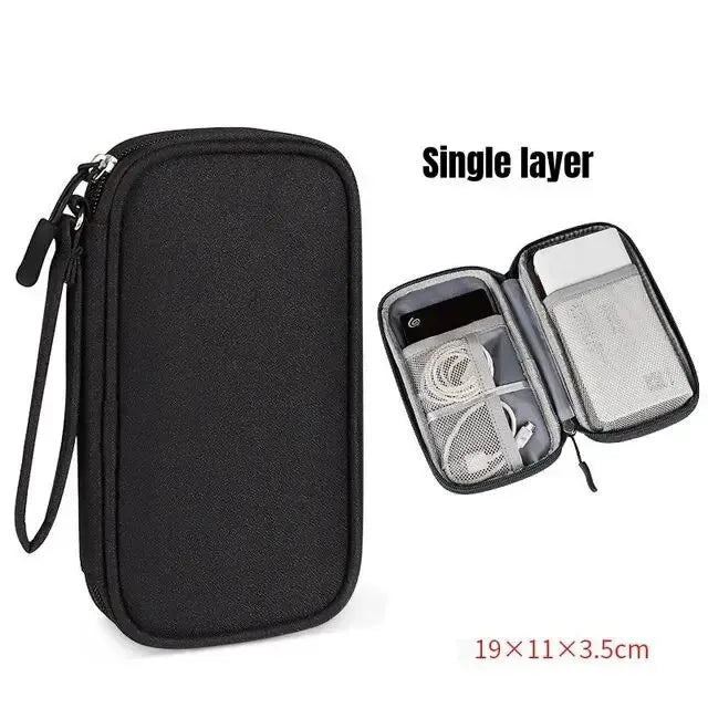 Black single layer storage organizer pouch with a clear zippered compartment and strap.