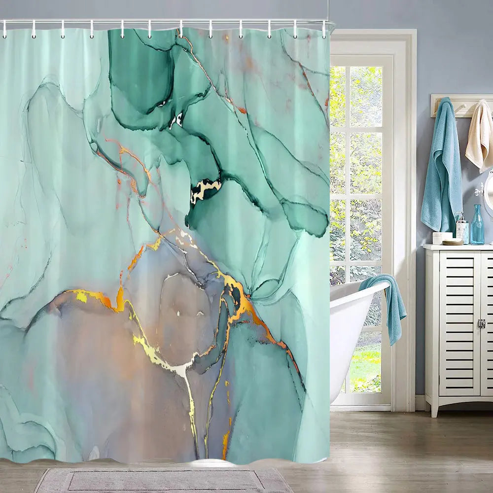 A teal and green marble abstract fluid texture shower curtain featuring gold and rust accents.