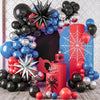 A balloon garland kit featuring blue, red, and black balloons arranged in a festive display.