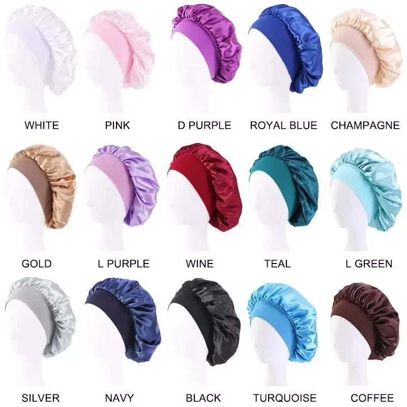 A collection of satin wide-brim sleeping bonnets in various colors including white, pink, purple, blue, and black.