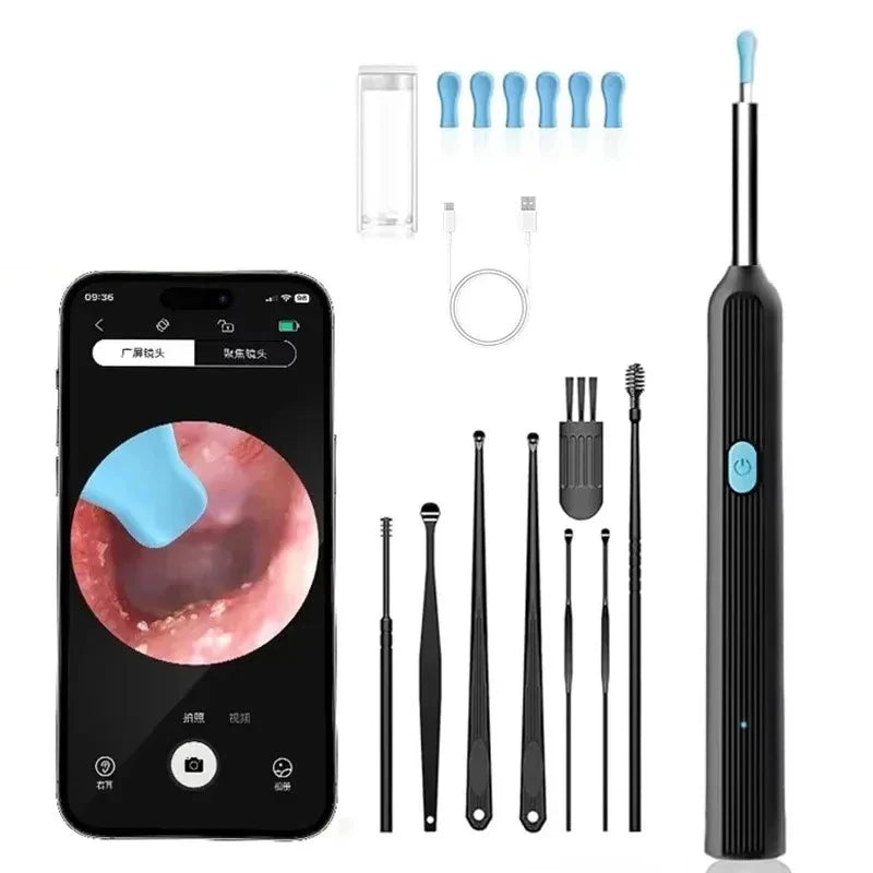 A set of visual ear cleaning tools including a silicone cleaning tool, probes, and a handheld device with an LED camera.