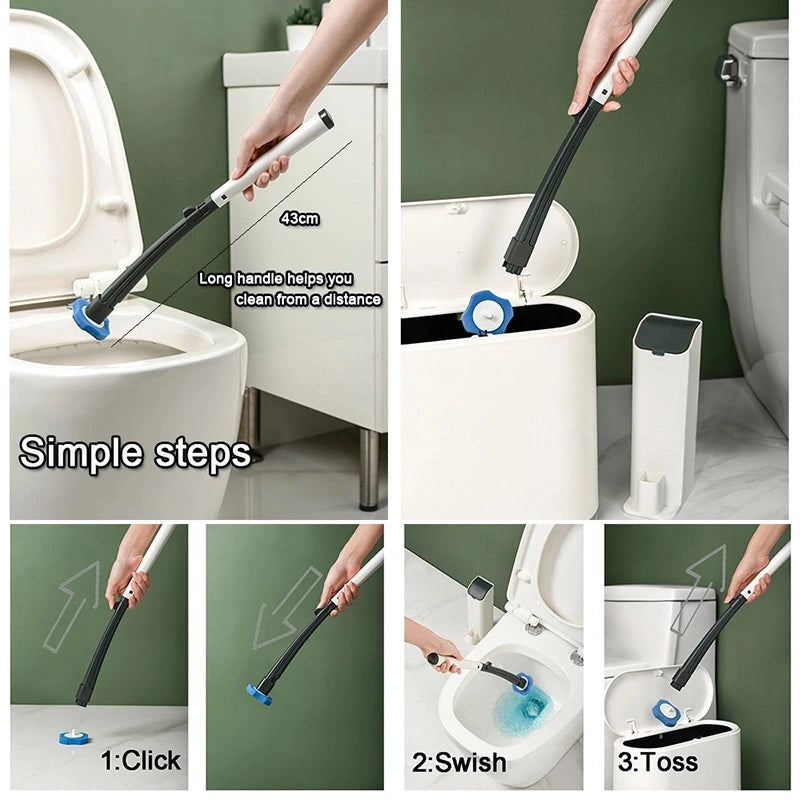 Demonstration of a long-handled disposable toilet brush for cleaning.