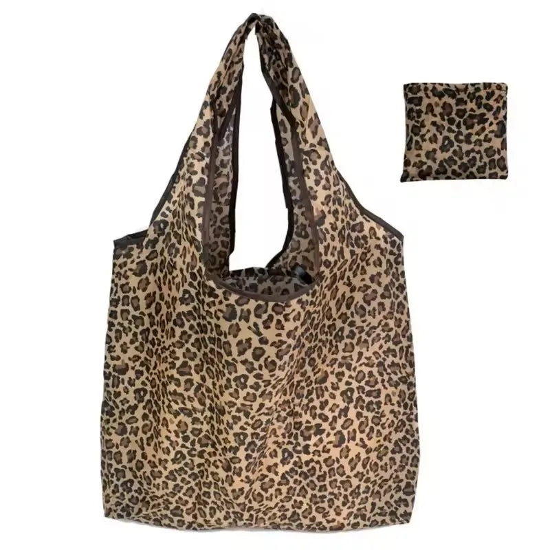 A leopard print foldable tote bag in brown and black spots.