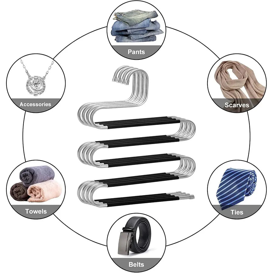 Stainless steel S-shaped storage rack holding various accessories like pants, towels, scarves, belts, and ties.
