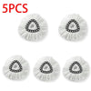 Five white microfiber spin mop refill heads with gray and black patterned centers