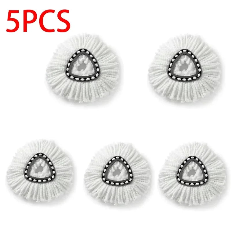 Five white microfiber spin mop refill heads with gray and black patterned centers