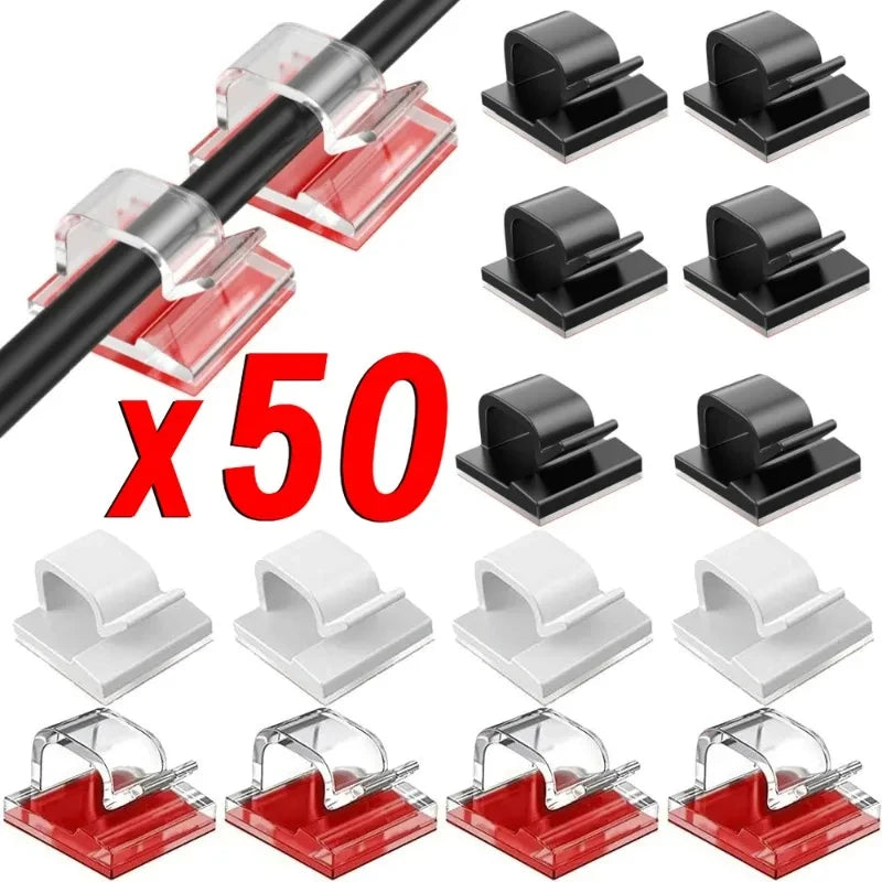 A set of 50 black and red cable organizer clips and holders for managing wires.