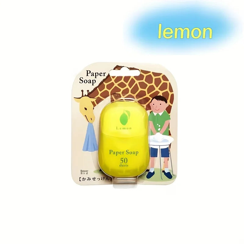 Paquete de hojas de jabón de papel de limón con ilustración de jirafa y niño.