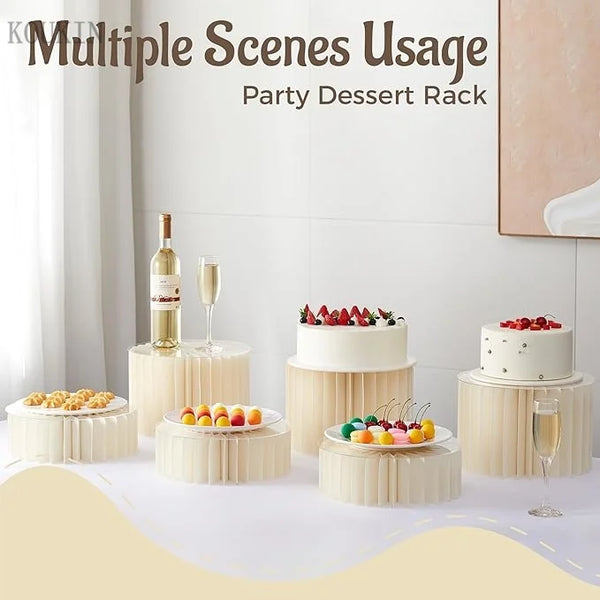 A party dessert rack featuring multiple scenes of round pedestal displays for events.