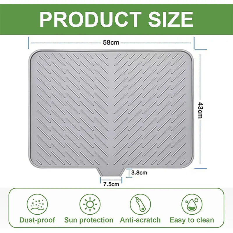 A gray silicone dish drying mat with a built-in drain lip, showing its dimensions and features.