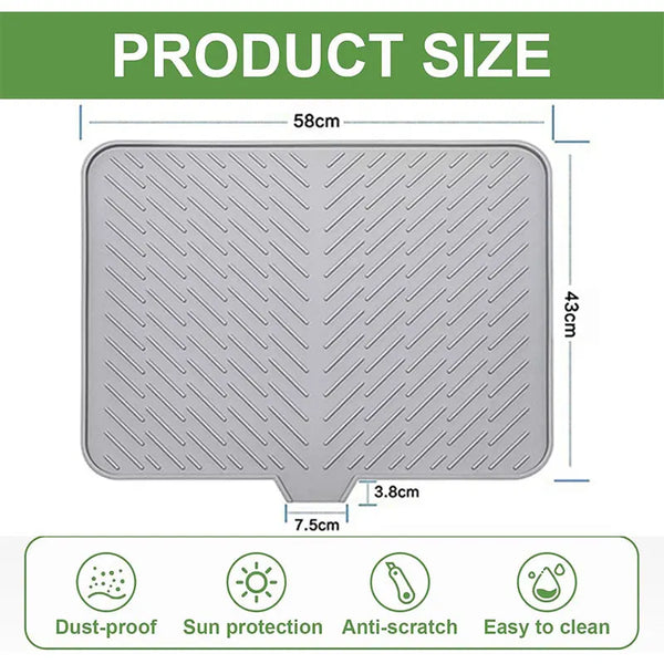 A gray silicone dish drying mat with a built-in drain lip, showing its dimensions and features.