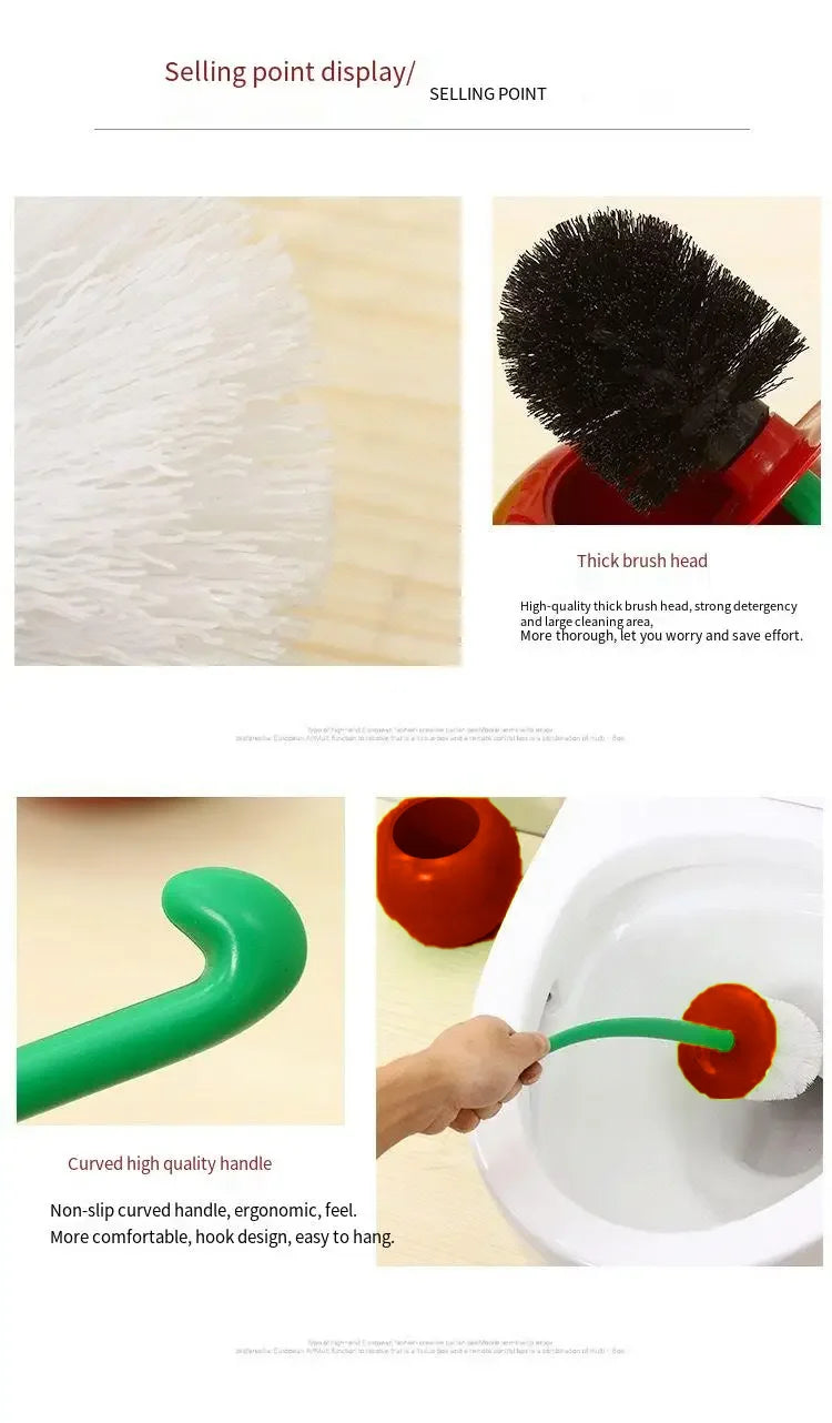 A set of decorative cherry-shaped toilet brushes featuring thick bristles and a curved handle.
