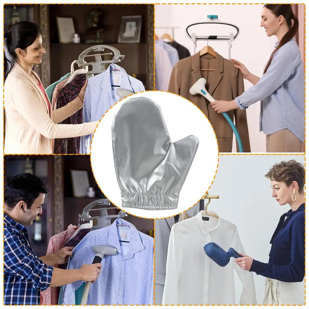 A woman is using heat resistant garment steamer mitts to steam a shirt on a hanger.