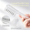 A clear liquid guide care comb with spring-loaded roller teeth is shown being held by a hand, demonstrating its use for nouri