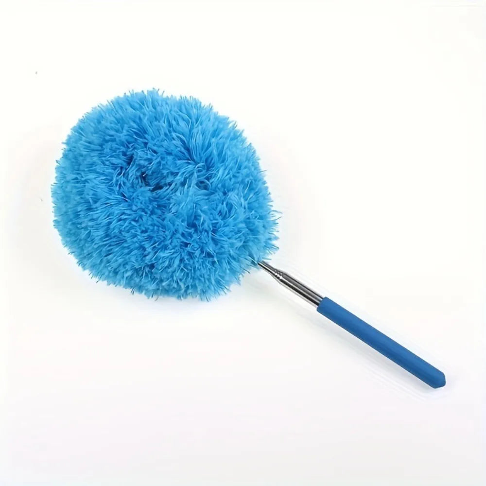A bright blue, fluffy sphere attached to a thin handle, used as a duster for cleaning.