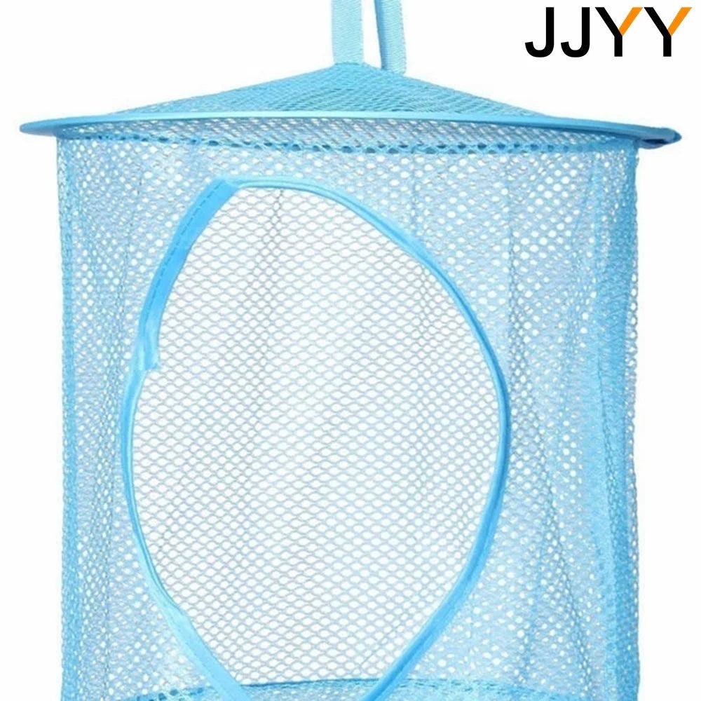 Light blue multi-layer mesh hanging storage organizer with a circular opening