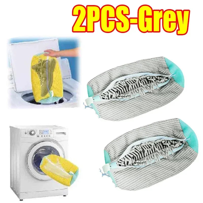 Two grey laundry bags for shoes shown next to a washing machine.