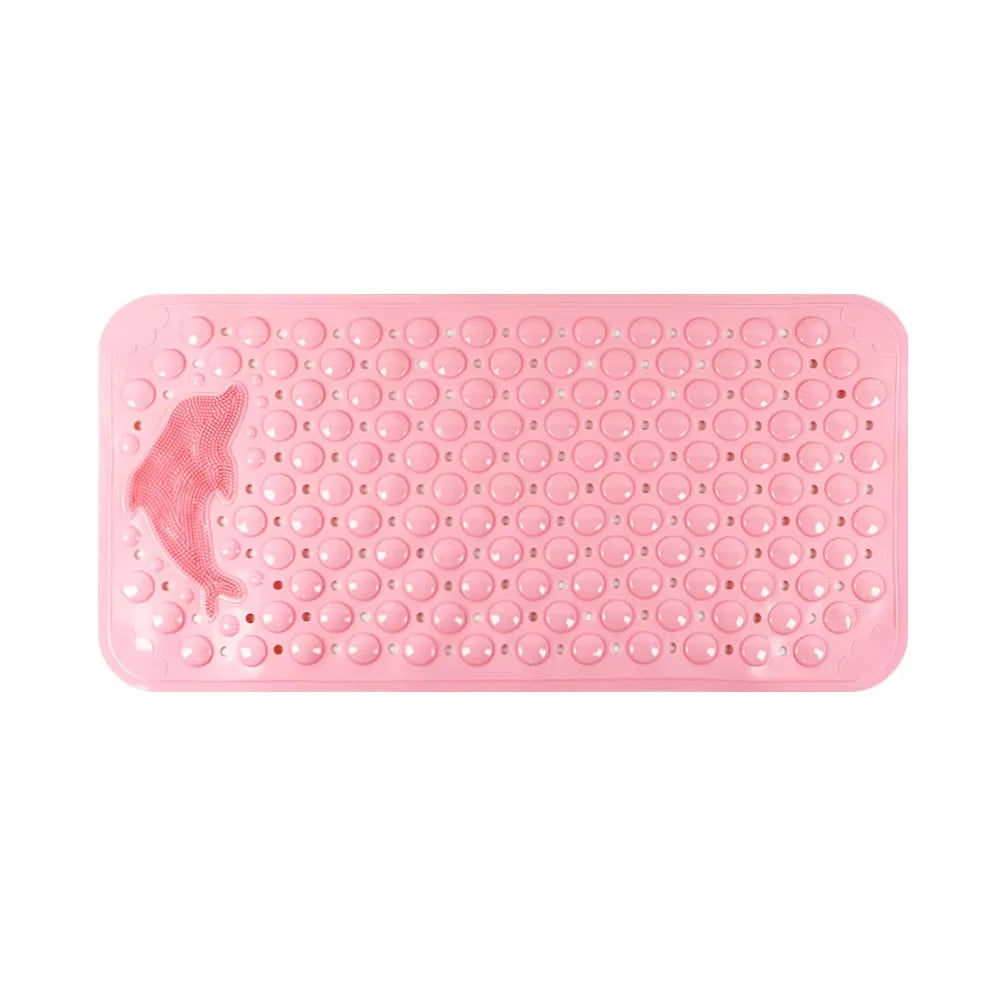 Pink rectangular non-slip bath mat with molded dolphin shape for bathtub