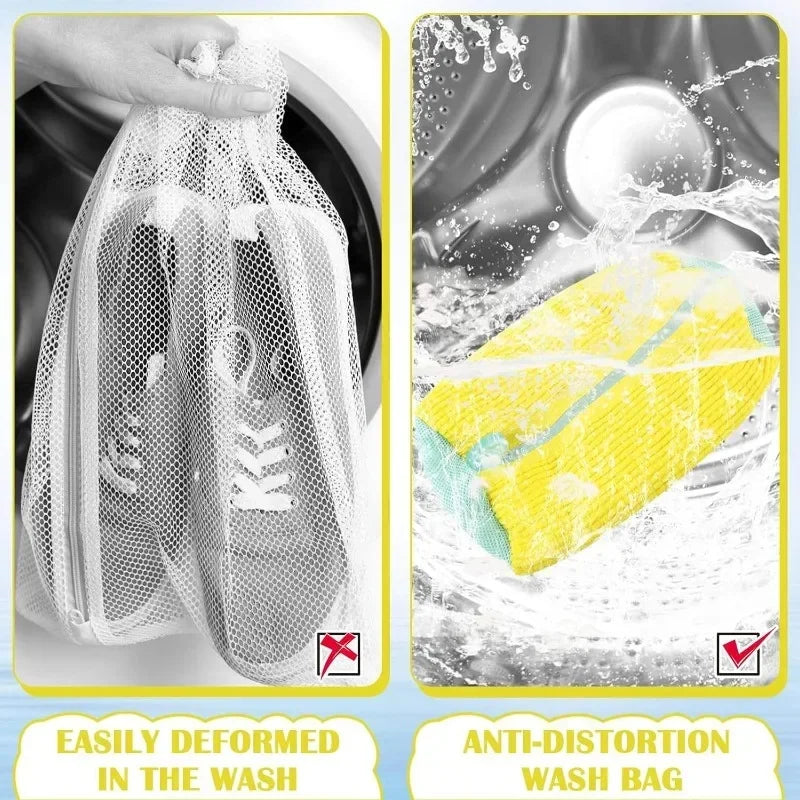 A white mesh laundry bag for shoes being washed, demonstrating anti-distortion features.