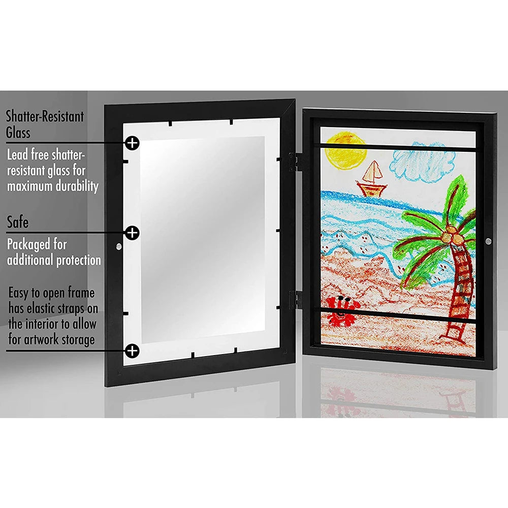 A black magnetic art frame with shatter-resistant glass showing a colorful landscape painting.
