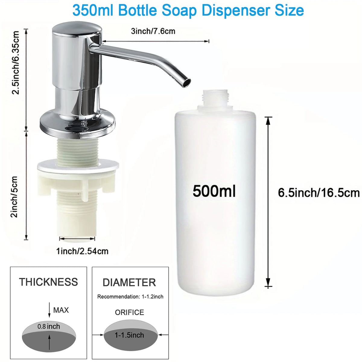 Stainless steel liquid soap dispenser bottle and pump with various size dimensions shown.