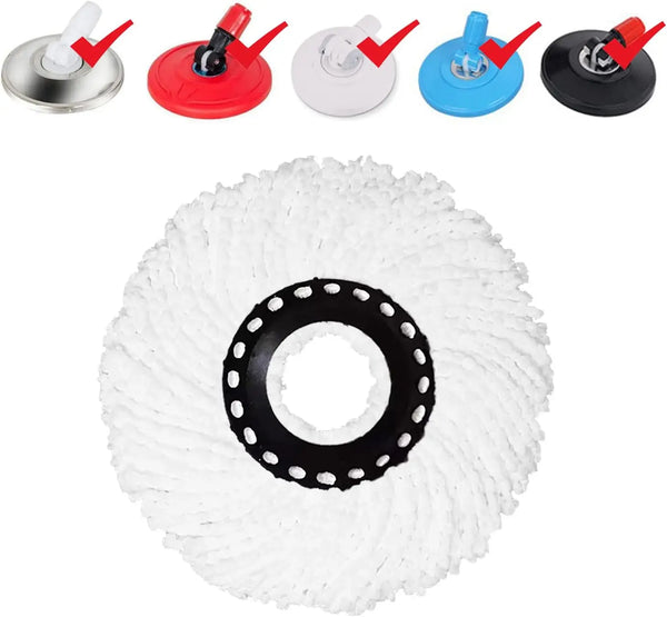 A set of five replacement microfiber spin mop heads in various colors including white, red, blue, and black.